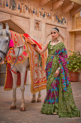 Contrasting Multi colour Patola Saree on silk With Elegant Gold Print | Contrasting saree | Patola Print Saree | Designer Saree